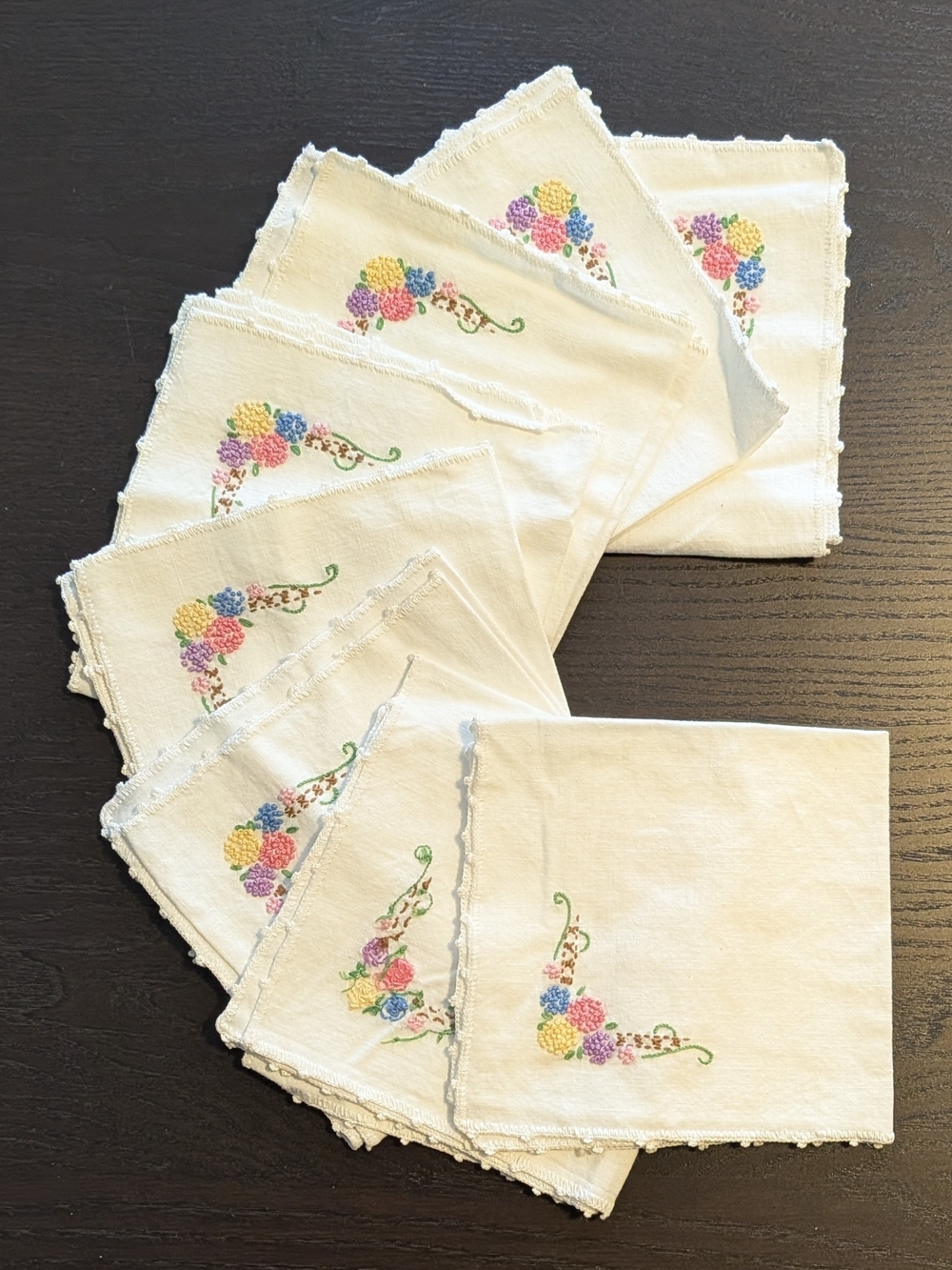 Vintage White Floral Hand Embroidered Cotton Napkins - Set of 8 - Picture 3 of 15